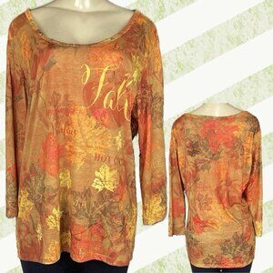 Celebrate +2x Juniors Coral Fall Wording Print Scoop Neckline 3/4 Sleeve Tee